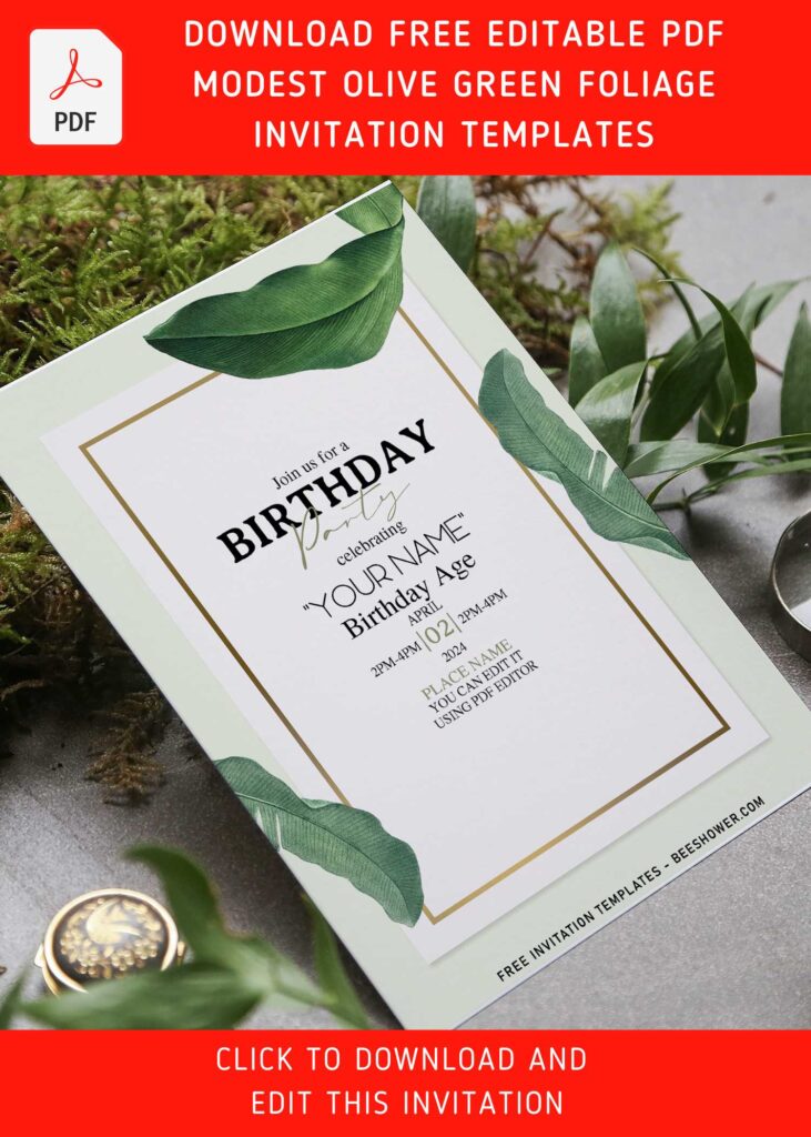 (Free Editable PDF) Simple Olive Green Foliage Birthday Invitation Templates with dried banana leaves