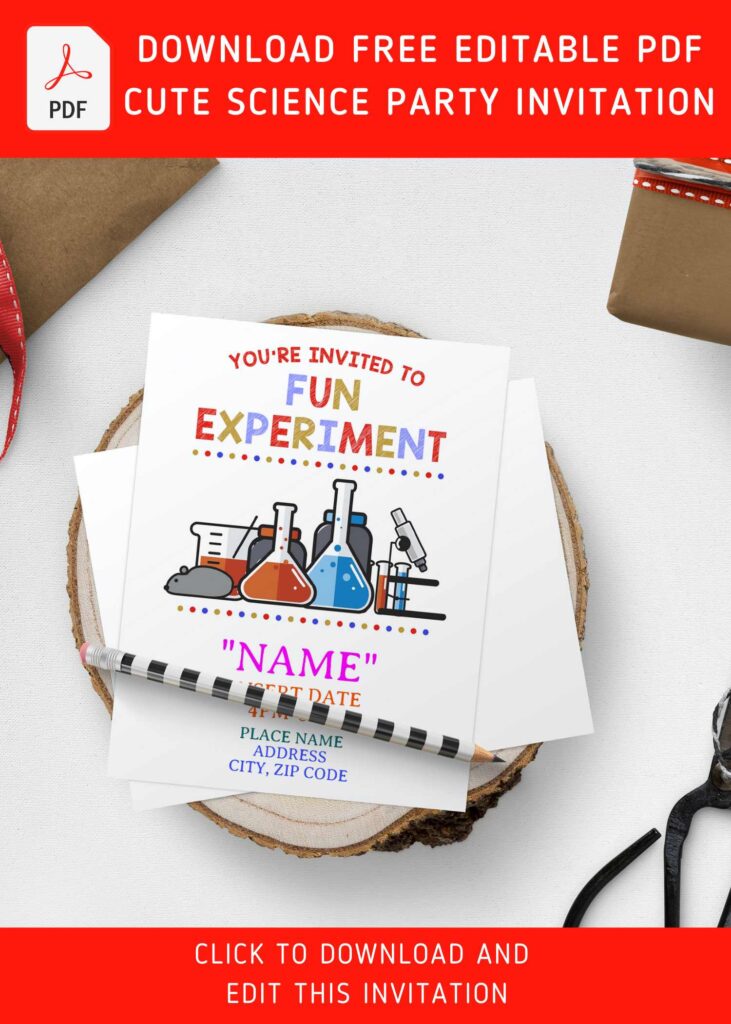 (Free Editable PDF) Simple Colorful Mad Science Birthday Invitation Templates with tube flask