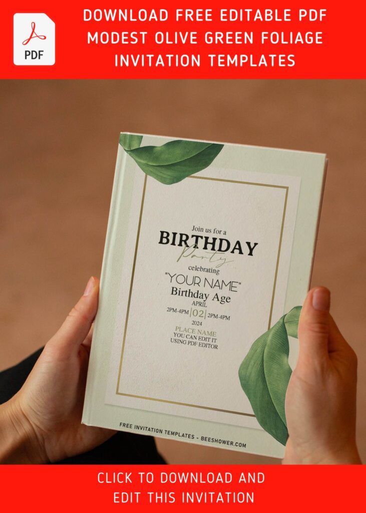 (Free Editable PDF) Simple Olive Green Foliage Birthday Invitation Templates with editable text