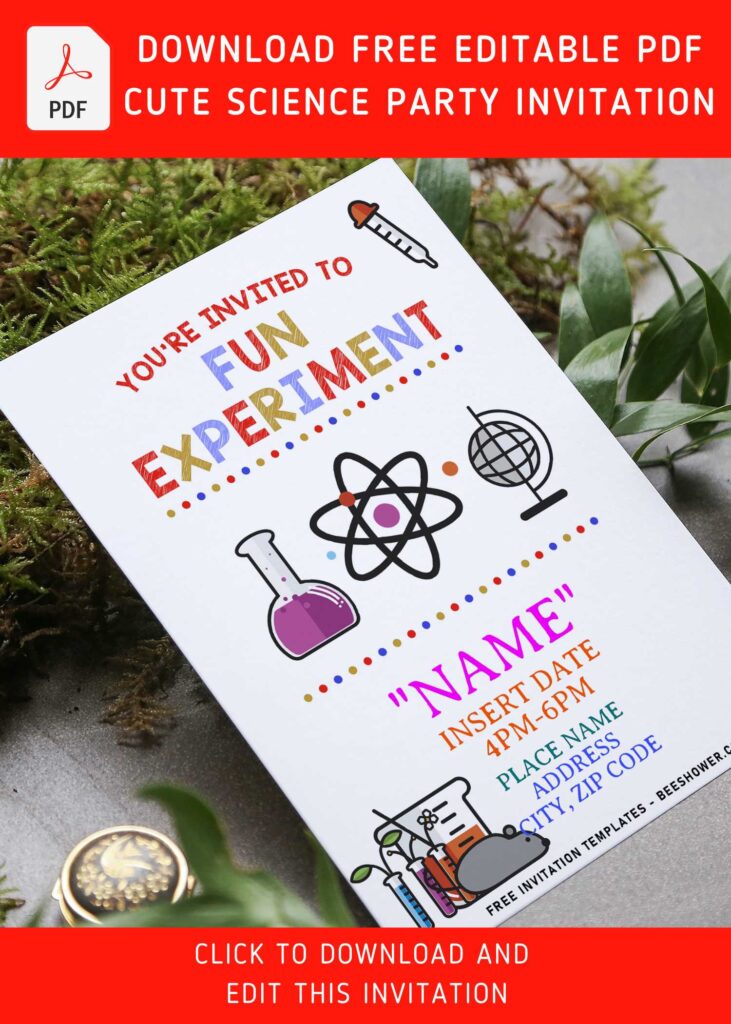 (Free Editable PDF) Simple Colorful Mad Science Birthday Invitation Templates with conical tester