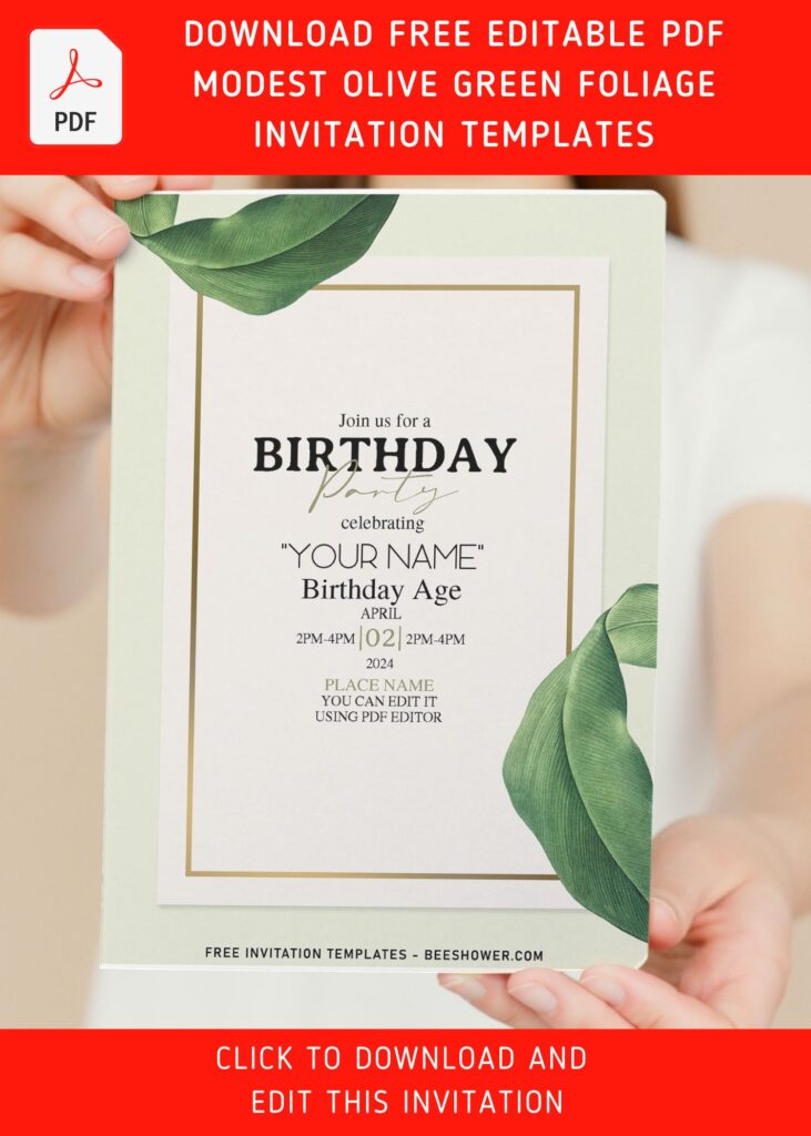 (Free Editable PDF) Simple Olive Green Foliage Birthday Invitation Templates with gold frame