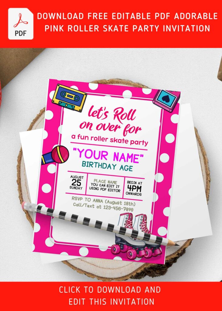 (Free Editable PDF) Cute Roller Skate Disco Birthday Invitation Templates with cartoon cassette tape and mic 
