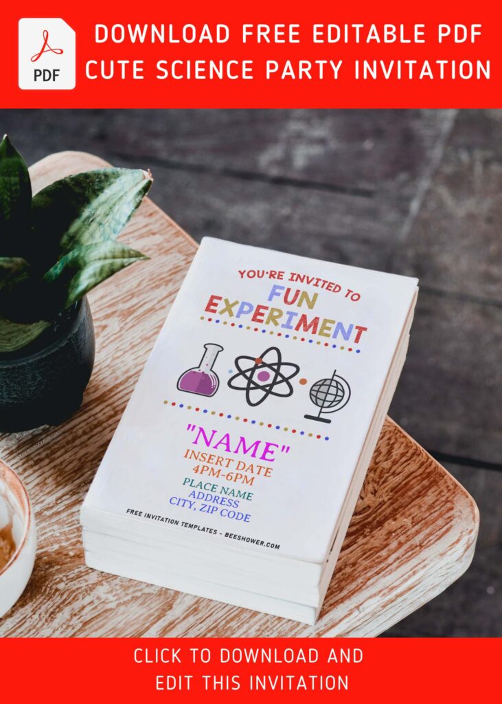 (Free Editable PDF) Simple Colorful Mad Science Birthday Invitation Templates with colorful cartoon lab equipment
