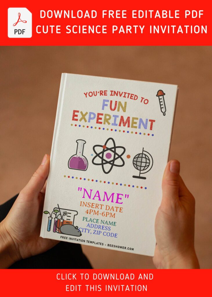 (Free Editable PDF) Simple Colorful Mad Science Birthday Invitation Templates with chemistry logo