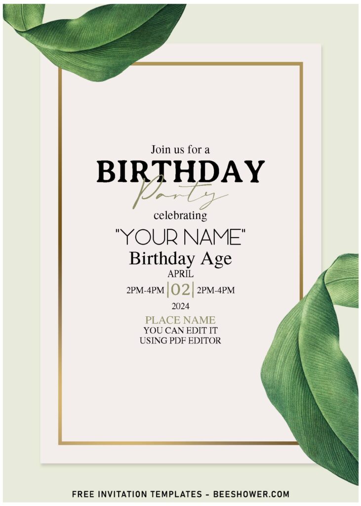 (Free Editable PDF) Simple Olive Green Foliage Birthday Invitation Templates with rustic background