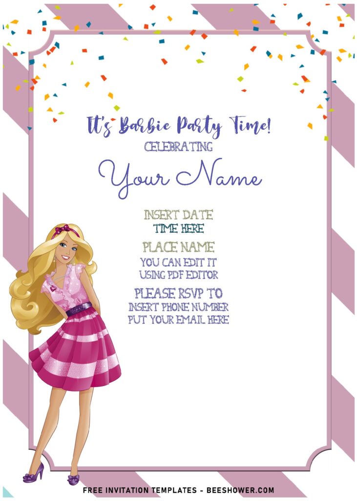 (Free Editable PDF) Lovely Pink Stripes Barbie Birthday Invitation Templates with cute wordings