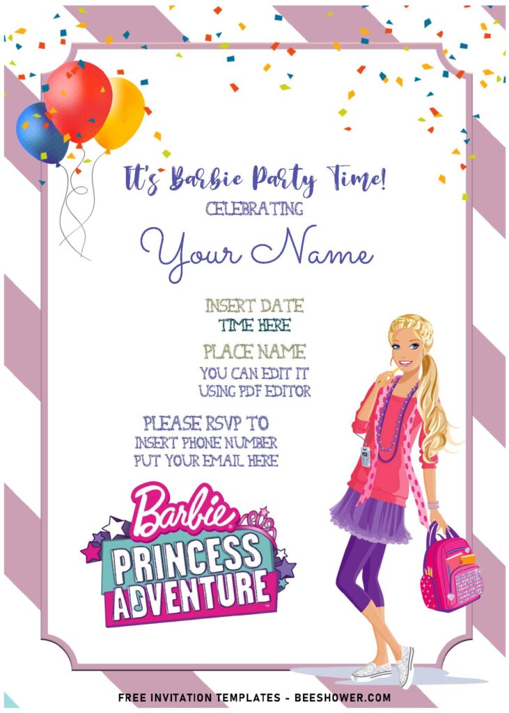 (Free Editable PDF) Lovely Pink Stripes Barbie Birthday Invitation Templates with cute balloons
