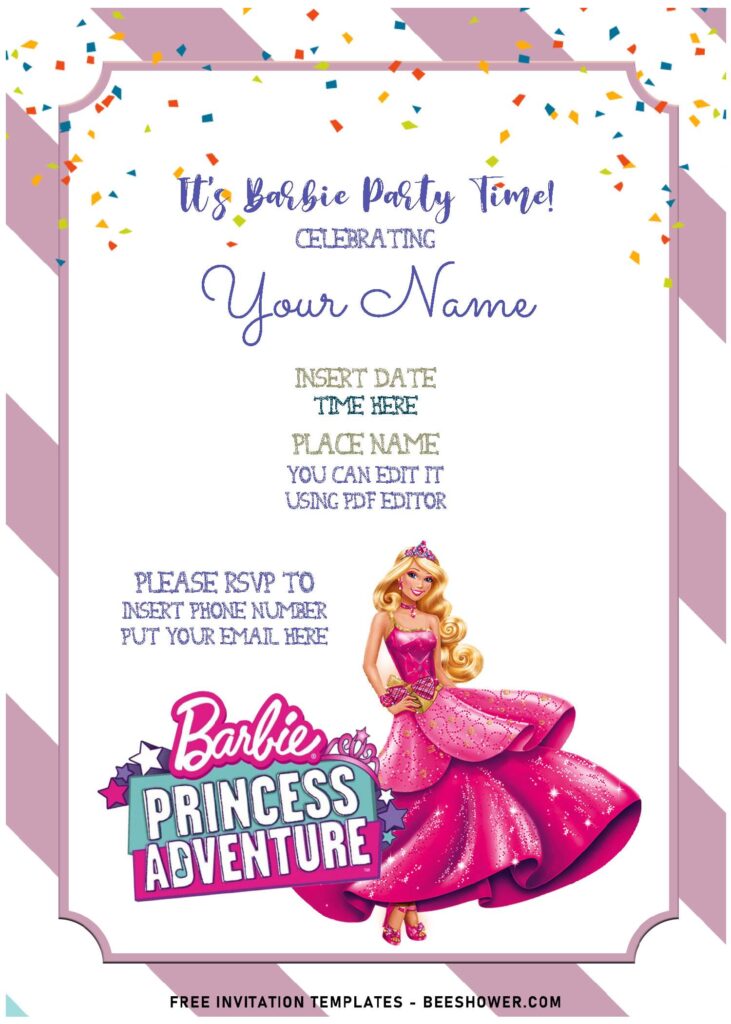 (Free Editable PDF) Lovely Pink Stripes Barbie Birthday Invitation Templates with colorful confetti