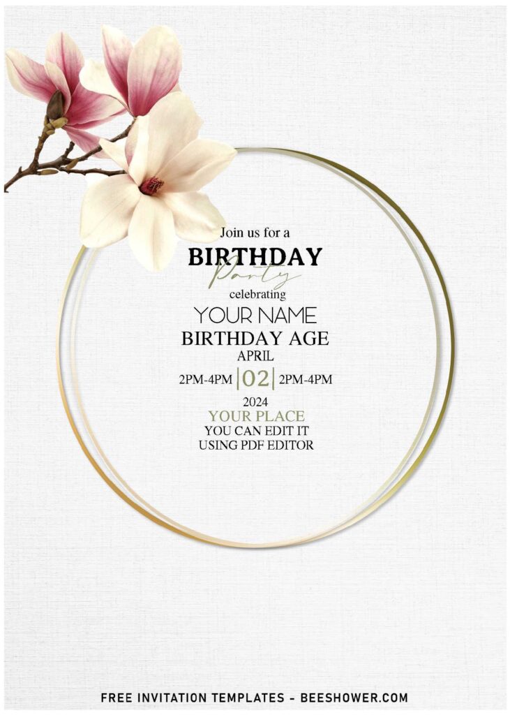 (Free Editable PDF) Painted Magnolia Blooms Birthday Invitation Templates with editable text