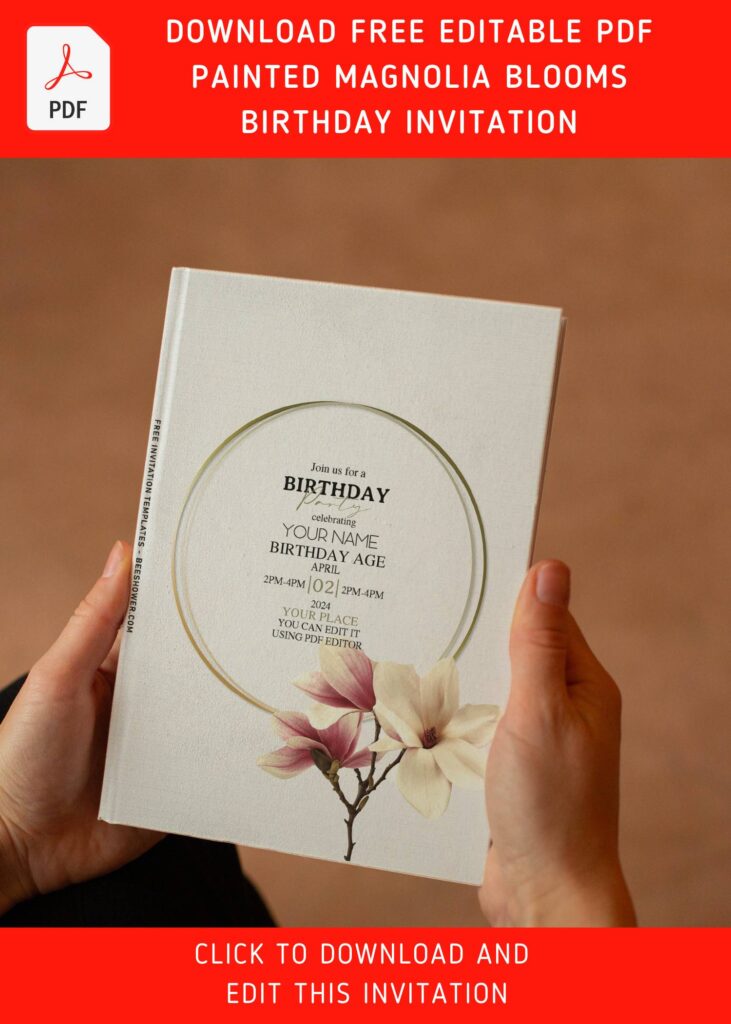 (Free Editable PDF) Painted Magnolia Blooms Birthday Invitation Templates with portrait orientation card design