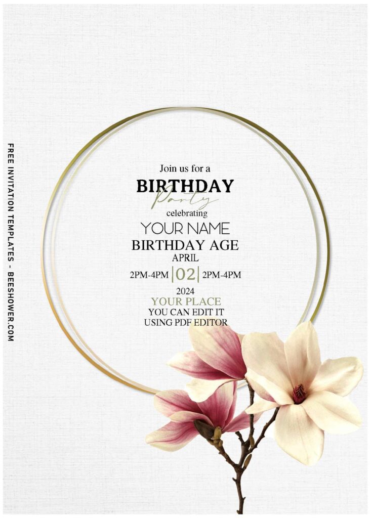 (Free Editable PDF) Painted Magnolia Blooms Birthday Invitation Templates