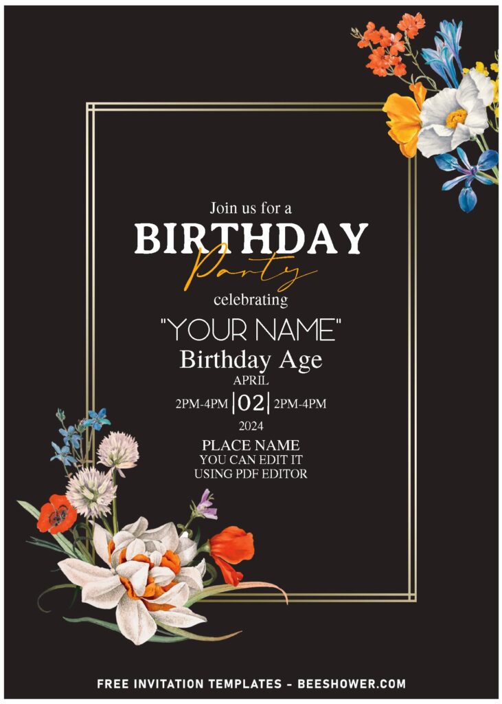 (Free Editable PDF) Avant Garde Glitter And Variety Of Flowers Invitation Templates with enchanting daisy