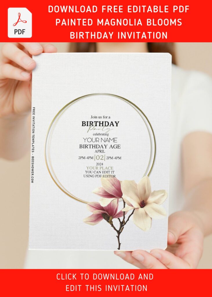 (Free Editable PDF) Painted Magnolia Blooms Birthday Invitation Templates with white blush magnolia