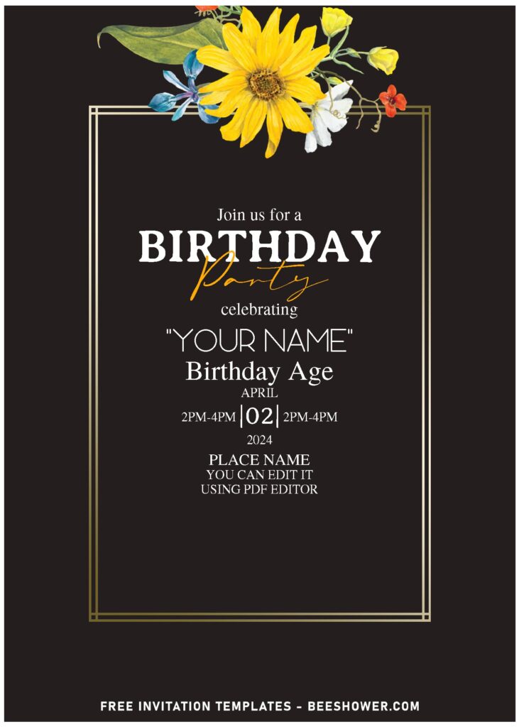 (Free Editable PDF) Avant Garde Glitter And Variety Of Flowers Invitation Templates with bright yellow sunflower