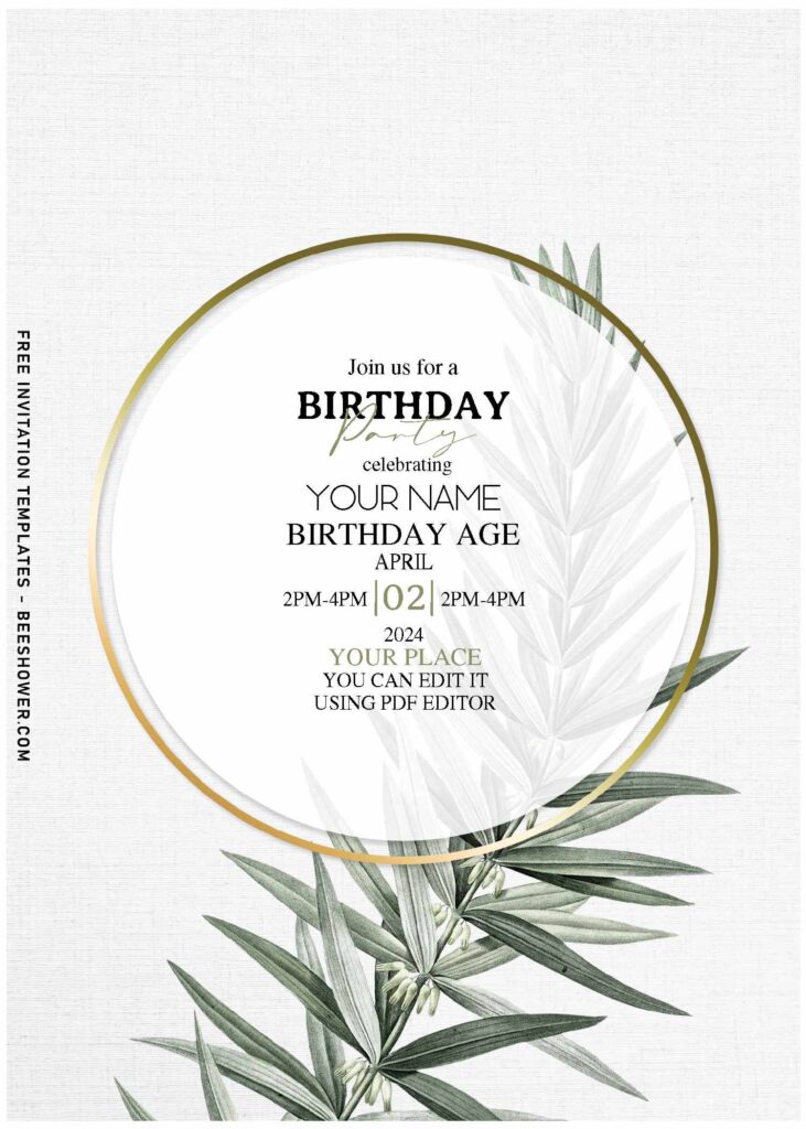 (Free Editable PDF) Minimalist Green Ash Frame Birthday Invitation Templates with eucalyptus