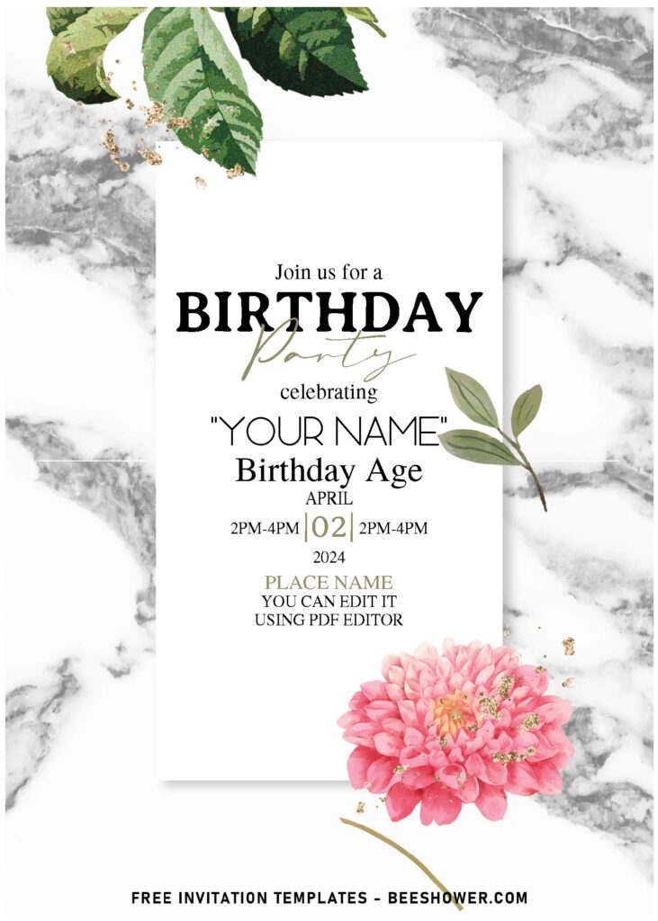 (Free Editable PDF) Striking Marble And Flower Birthday Invitation Templates with elegant greenery
