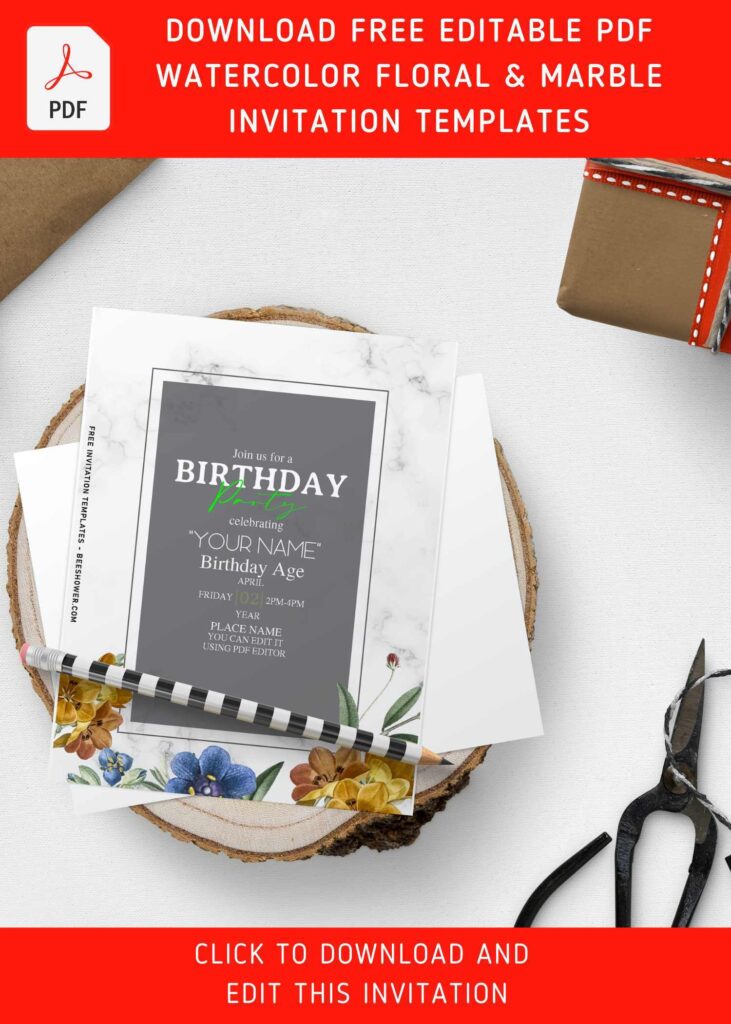 (Free Editable PDF) Whimsical Poppy & Peony Birthday Invitation Templates with simple rectangle text box