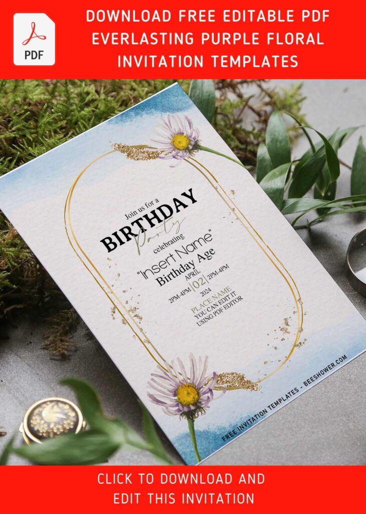 (Free Editable PDF) Sweet Pea And Daisy Floral Invitation Templates with elegant gold frame