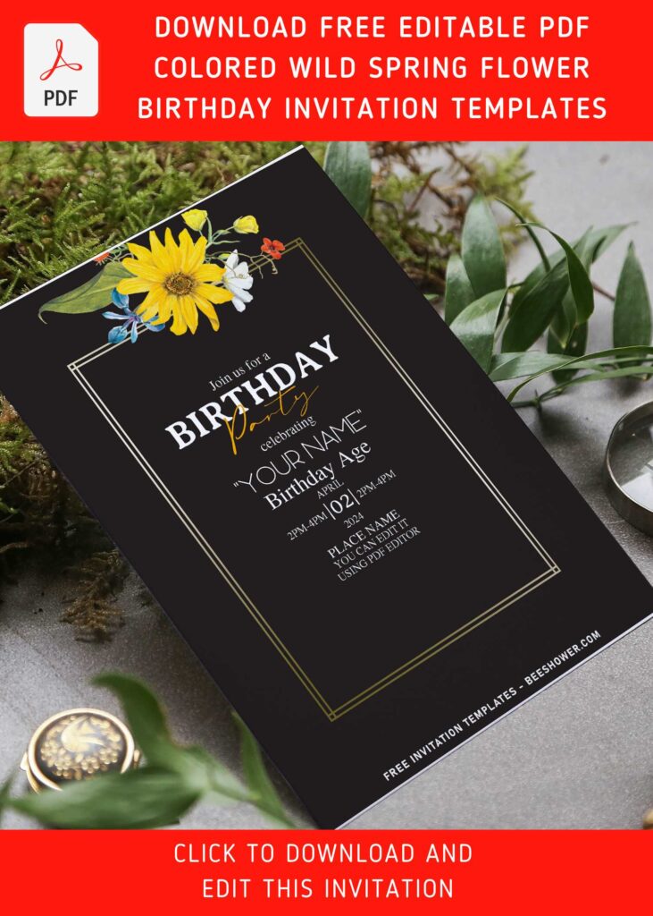(Free Editable PDF) Avant Garde Glitter And Variety Of Flowers Invitation Templates with elegant script