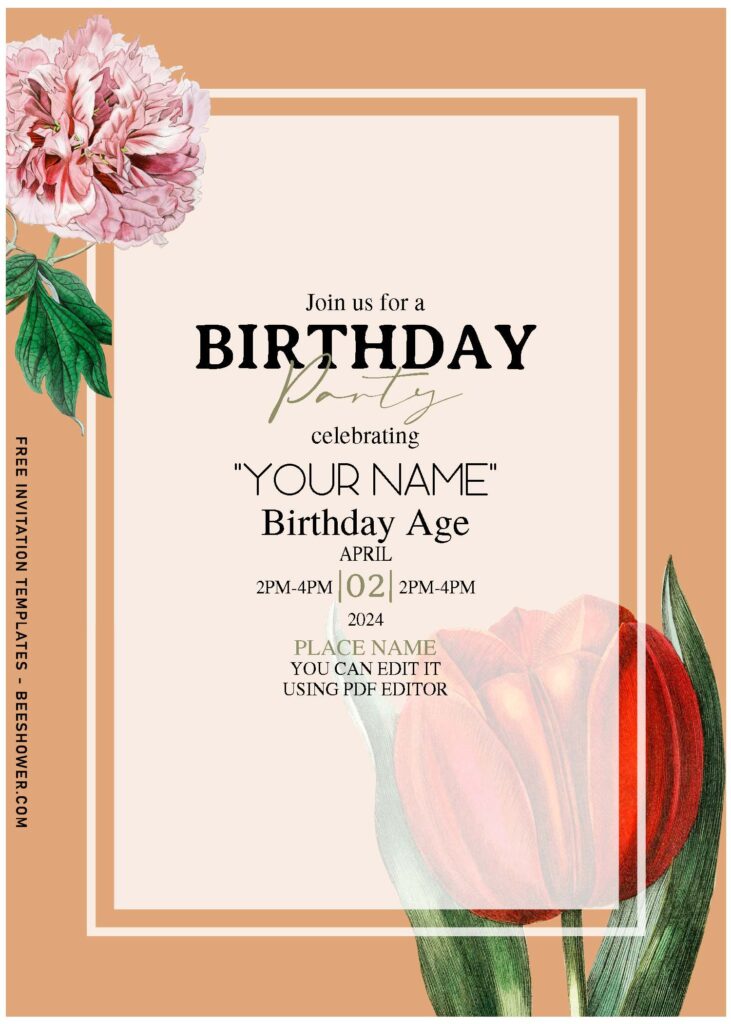 (Free Editable PDF) Vintage Watercolor Tulip Birthday Invitation Templates with editable text