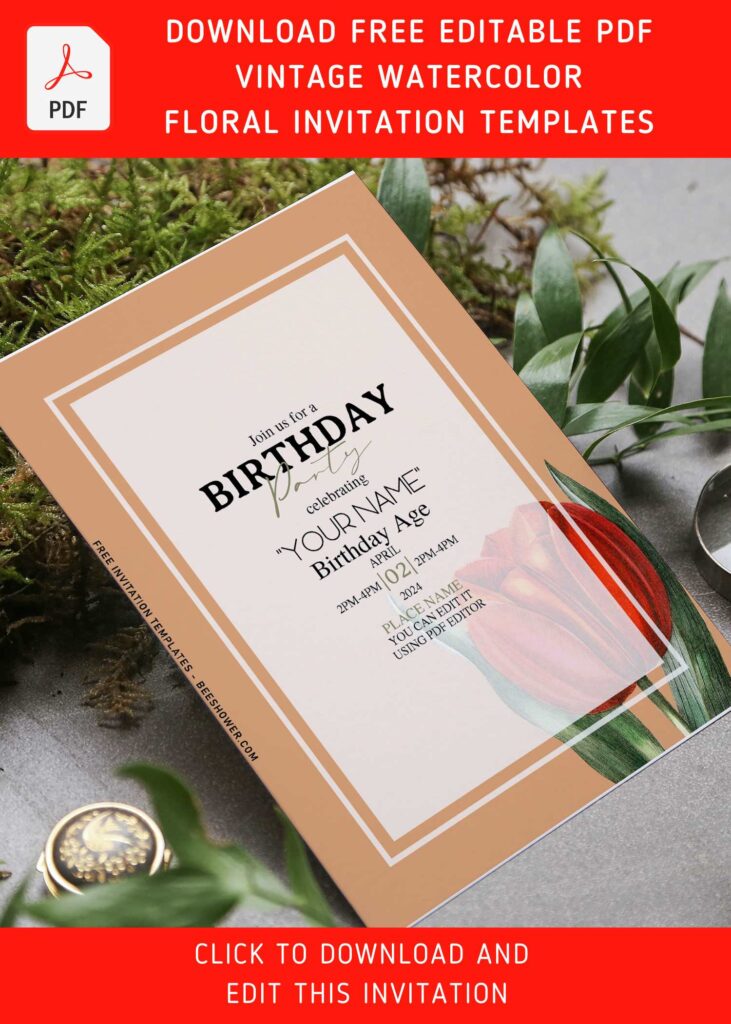 (Free Editable PDF) Vintage Watercolor Tulip Birthday Invitation Templates with watercolor red tulips