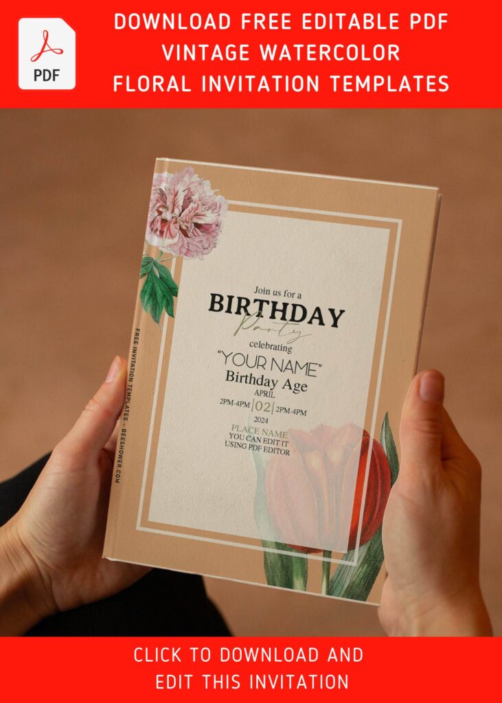 (Free Editable PDF) Vintage Watercolor Tulip Birthday Invitation Templates with elegant script