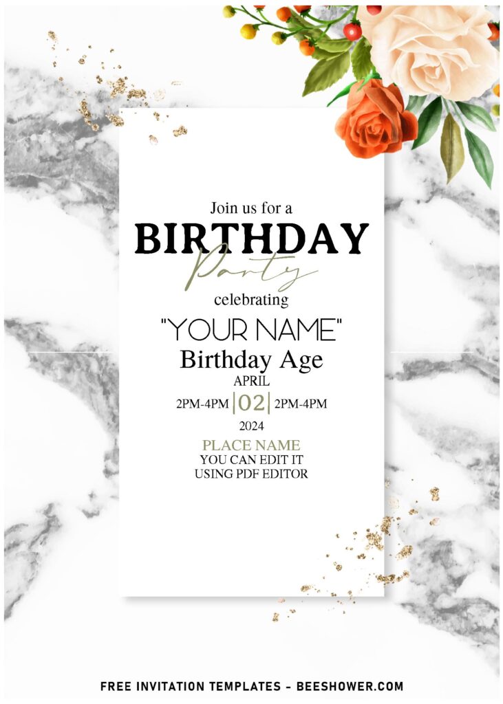 (Free Editable PDF) Striking Marble And Flower Birthday Invitation Templates with marble background