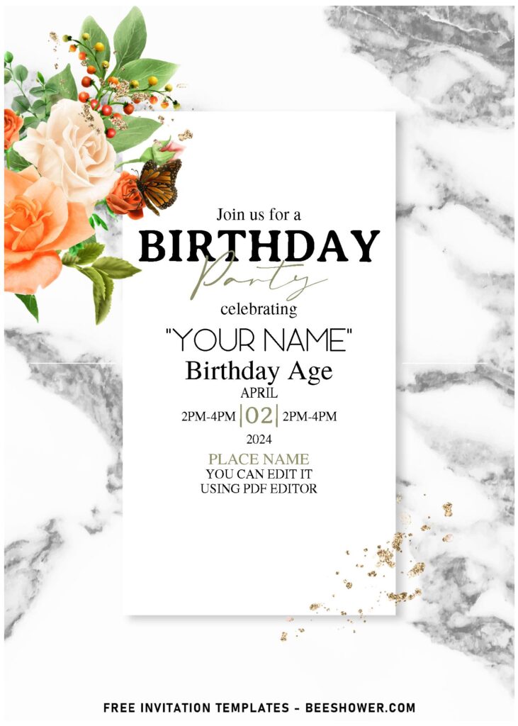 (Free Editable PDF) Striking Marble And Flower Birthday Invitation Templates