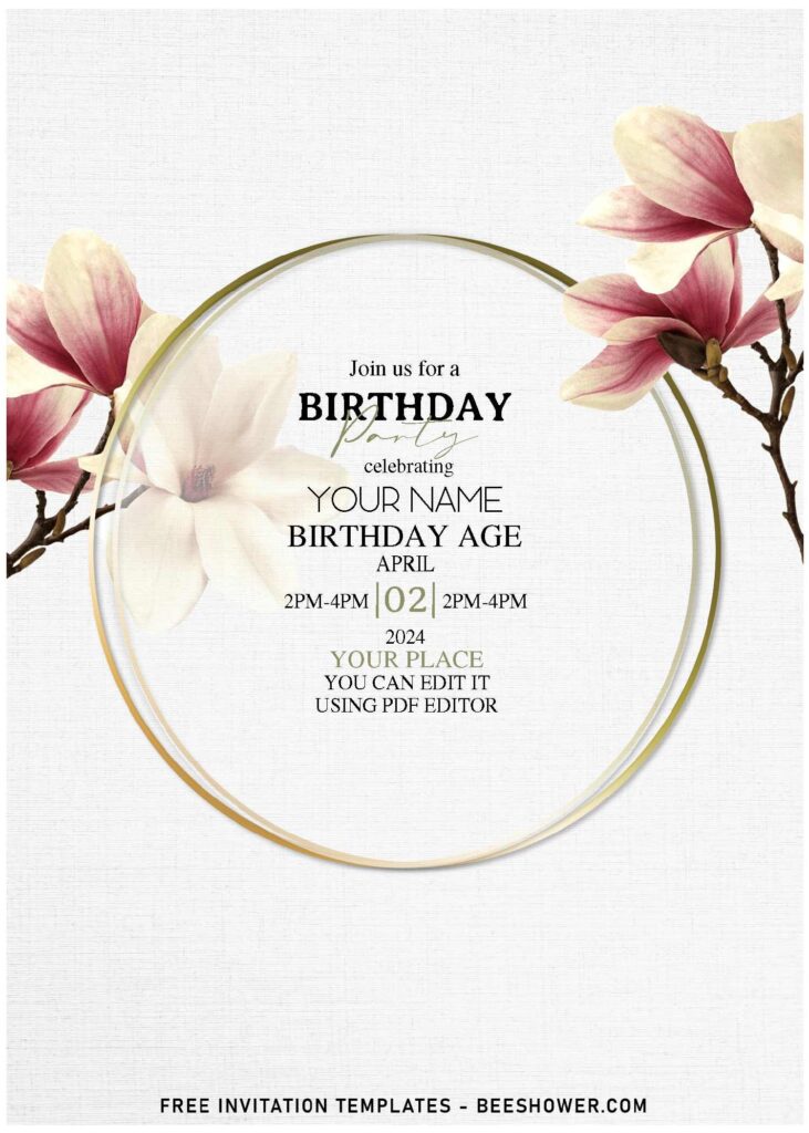 (Free Editable PDF) Painted Magnolia Blooms Birthday Invitation Templates with elegant script