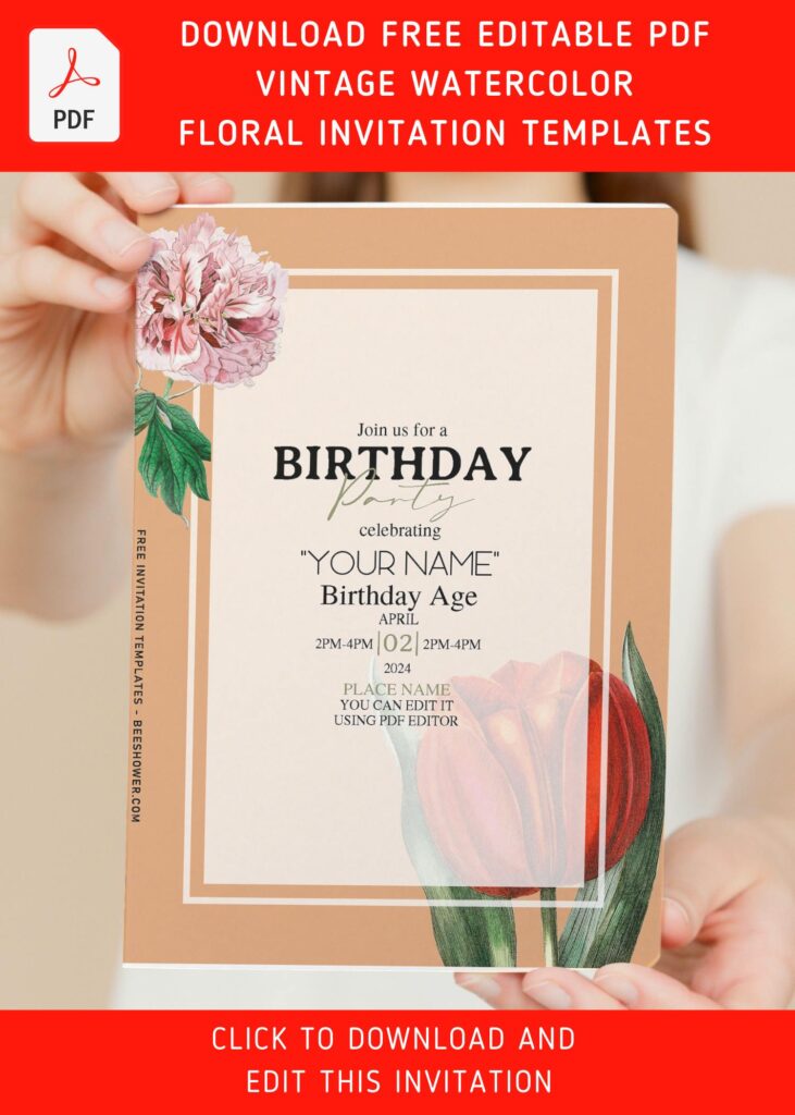 (Free Editable PDF) Vintage Watercolor Tulip Birthday Invitation Templates with watercolor ranunculus