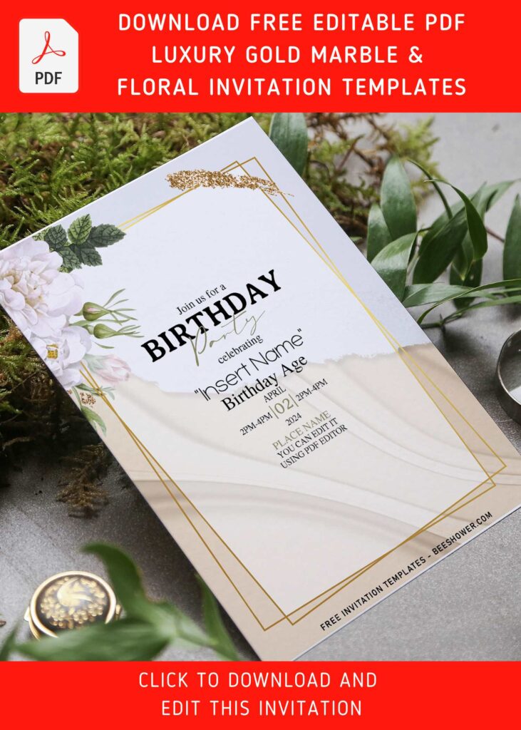 (Free Editable PDF) Stunning Marble & White Rose Birthday Invitation Templates with white garden roses