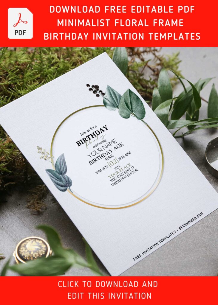(Free Editable PDF) Minimalist Green Ash Frame Birthday Invitation Templates with simple white background