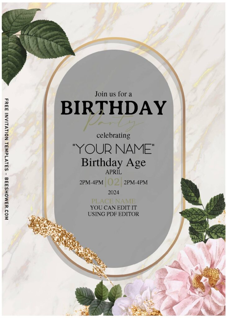 (Free Editable PDF) Chic & Refined Watercolor Marble And Floral Invitation Templates with elegant gold frame