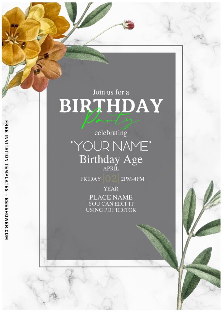 (Free Editable PDF) Whimsical Poppy & Peony Birthday Invitation Templates with white marble background