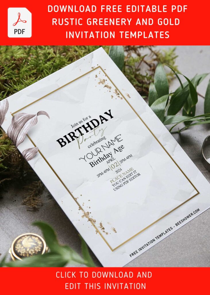 (Free Editable PDF) Subtle Garden Eucalyptus Birthday Invitation Templates with sparkling gold crumbs