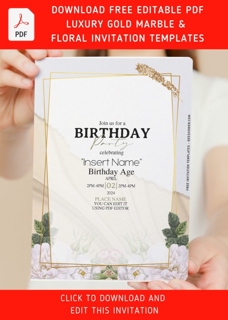 (Free Editable PDF) Stunning Marble & White Rose Birthday Invitation Templates with gold geometric frame