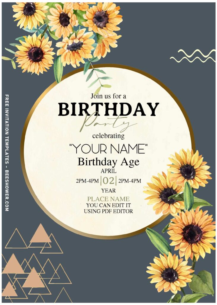 (Free Editable PDF) Stylish Summer Sunflower Birthday Invitation Templates with elegant script