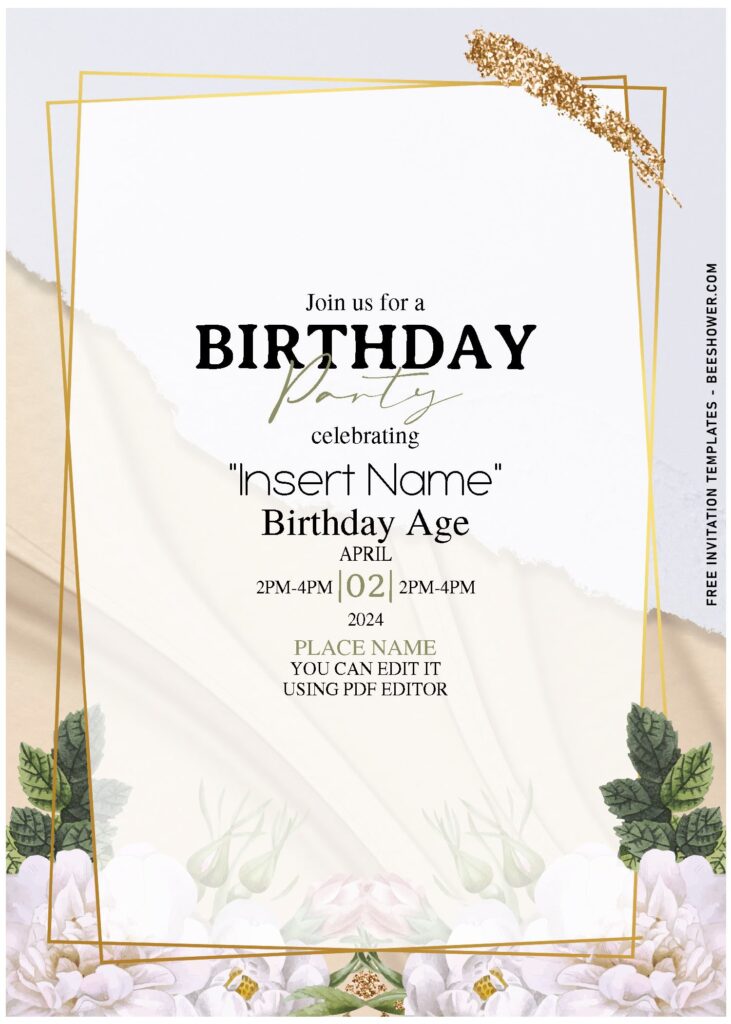 (Free Editable PDF) Stunning Marble & White Rose Birthday Invitation Templates with gold sparkles