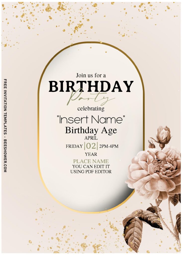 (Free Editable PDF) Timeless Stunning Flower Vines Birthday Invitation Templates with elegant gold frame