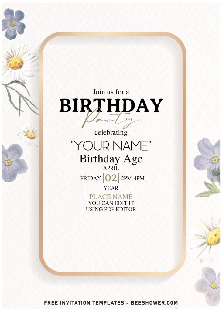 (Free Editable PDF) Watercolor Rustic Daisy Floral Birthday Invitation Templates with pristine white background