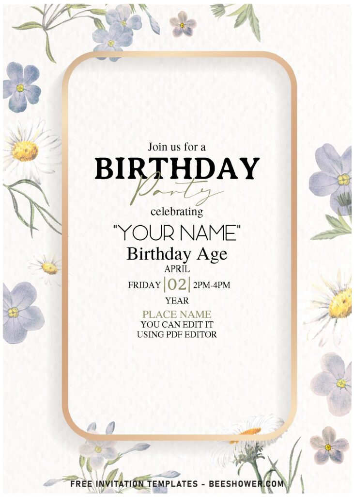 (Free Editable PDF) Watercolor Rustic Daisy Floral Birthday Invitation Templates with elegant script