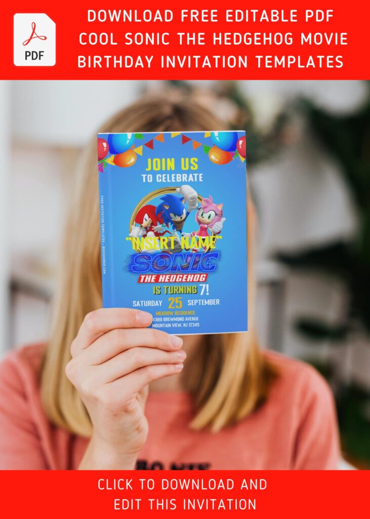 (Free Editable PDF) Playful Sonic The Hedgehog Birthday Invitation Templates with colorful bunting flags