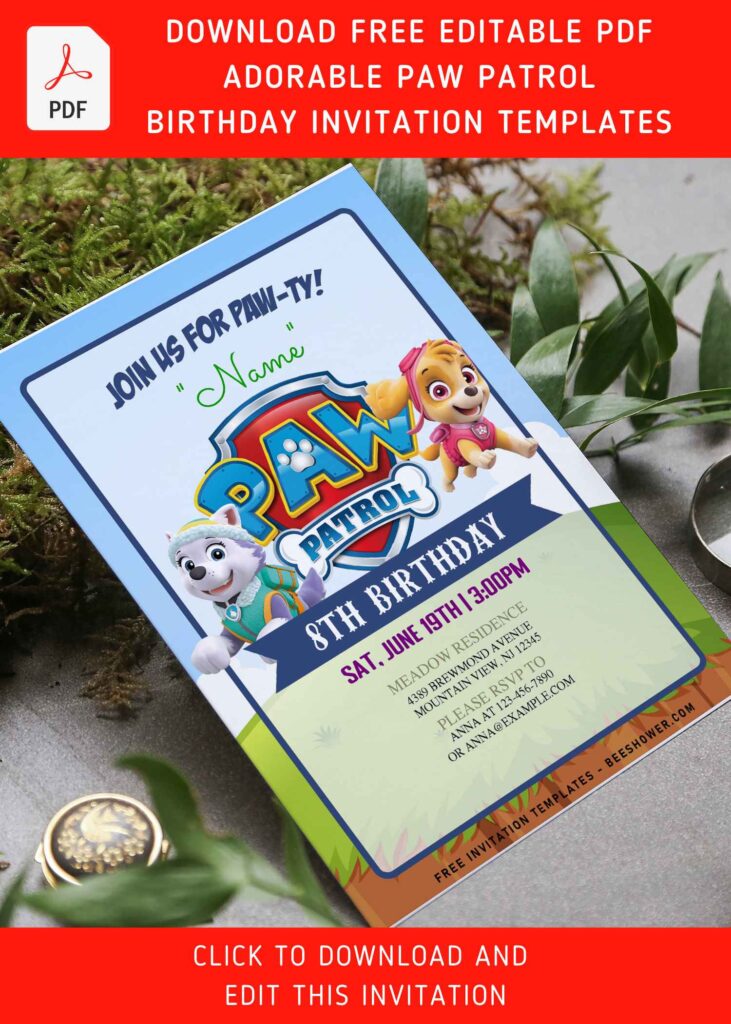 (Free Editable PDF) Adorable Paw Patrol Kids Birthday Party Invitation Templates with cute ribbon