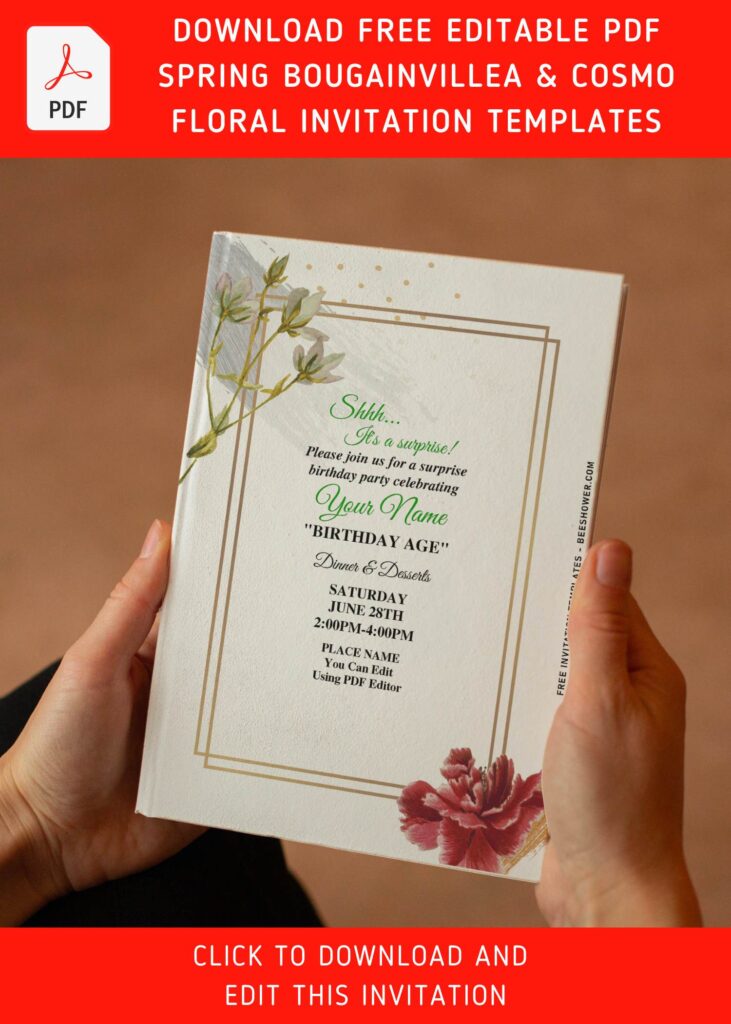 (Free Editable PDF) Delightful Bougainvillea And Cosmo Flower Invitation Templates with beautiful gold sparkles