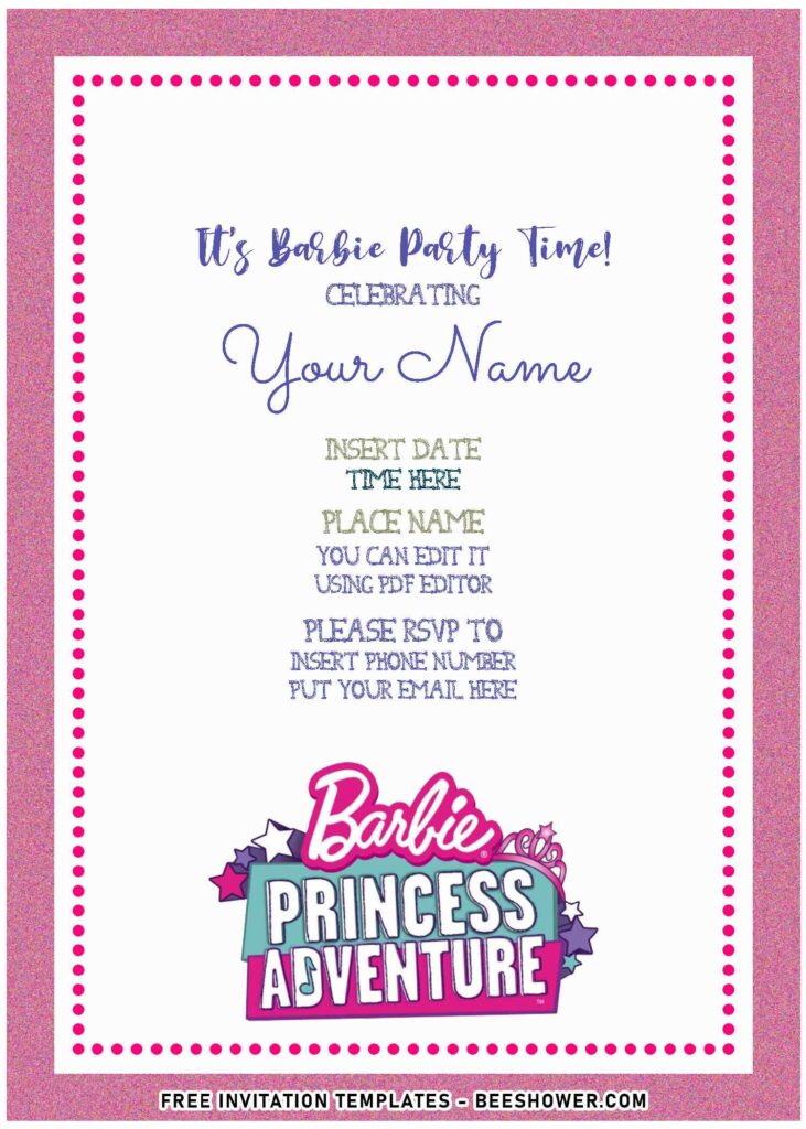 (Free Editable PDF) Cheerful Pink Barbie Girl Birthday Invitation Templates with pink glitter background