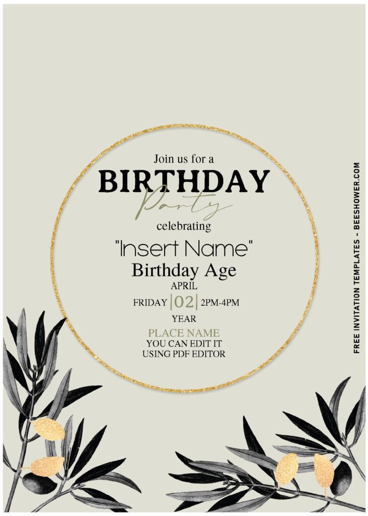 (Free Editable PDF) Enchanting Willow Branches Birthday Invitation Templates with elegant gold frame