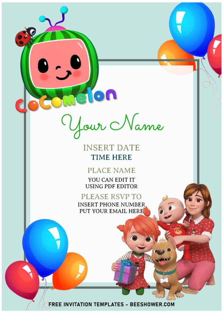 (Free Editable PDF) Simply Cute Cocomelon Birthday Invitation Templates For All Ages with colorful balloons