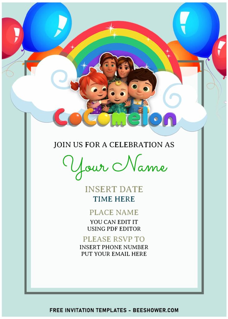 (Free Editable PDF) Simply Cute Cocomelon Birthday Invitation Templates For All Ages with adorable pastel rainbow