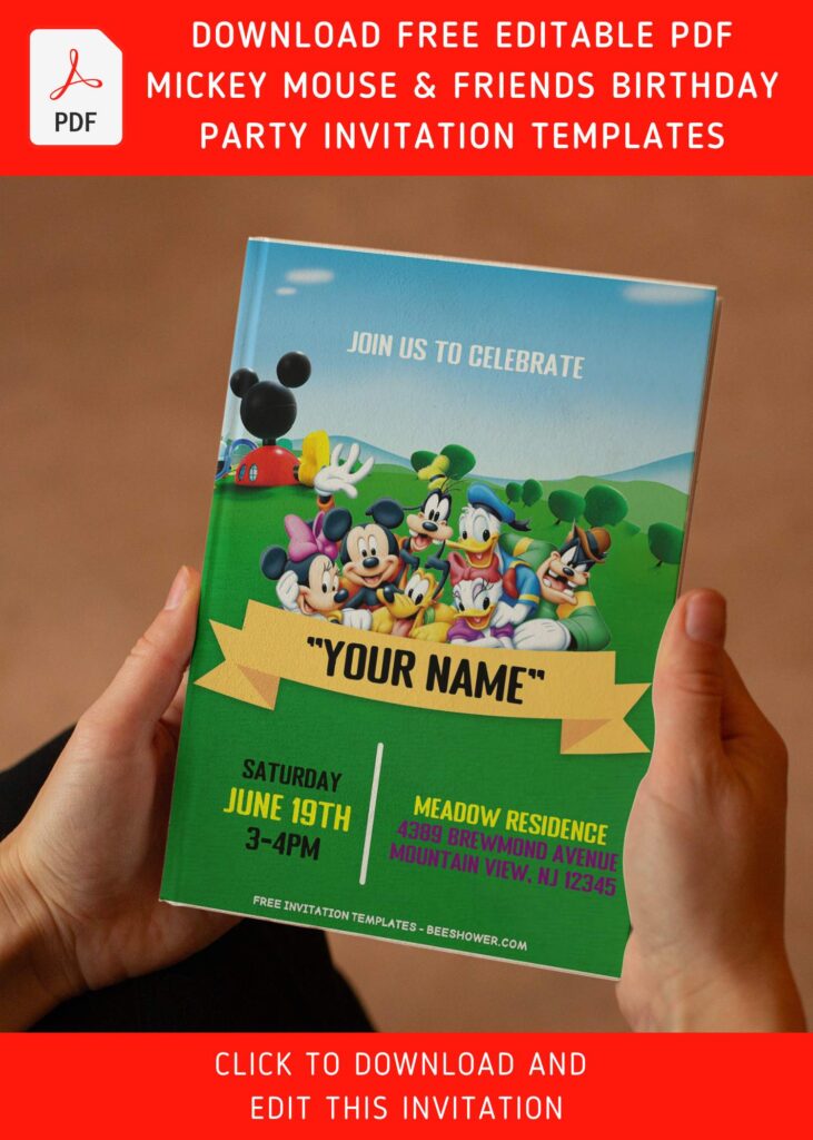(Free Editable PDF) Mickey Mouse And Friends Birthday Party Invitation Templates with cute yellow riboon