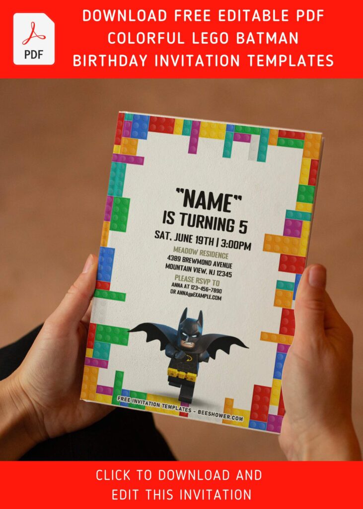 (Free Editable PDF) Colorful Superhero Lego Batman Birthday Invitation Templates with Lego Batman grahpic
